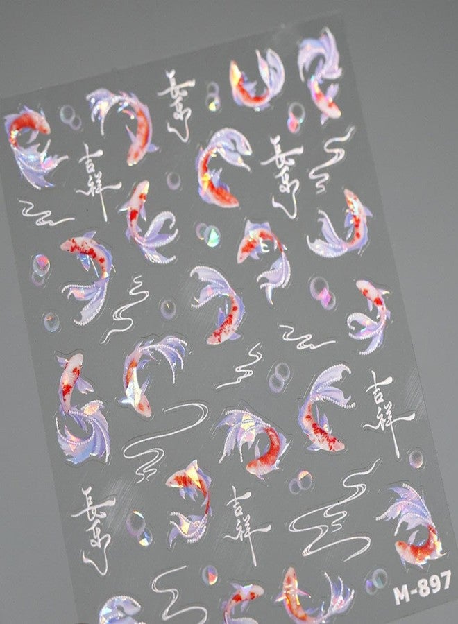 Maigitur 5D Embossed Fish Nail Stickers Koi Nail Art Stickers Self-Adhesive Chinese Nail Decals Chinese Style for Nail Art Bubble Nail Supplies Spring Stickers for Women Girls DIY Manicure - Image 5